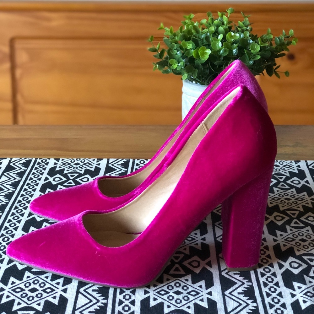 Hot pink velvet pumps
